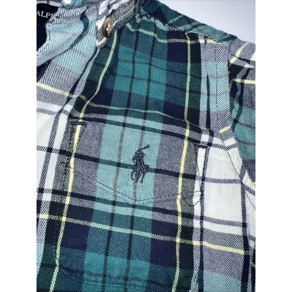 Ralph Lauren Green Navy White Plaid Baby Boys 6-12 Month Button Romper Preppy
